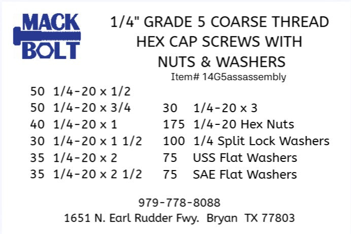 1/4" Grade 5 Coarse Thread Cap Screws with Nuts & Washers Kit