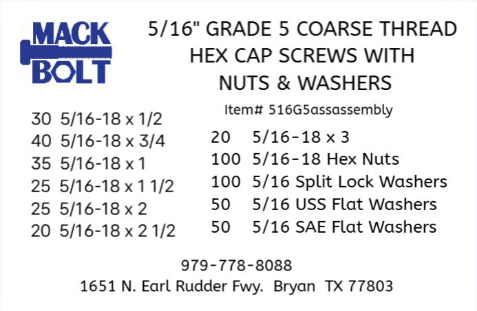 5/16" Grade 5 Coarse Thread Cap Screws with Nuts & Washers Kit