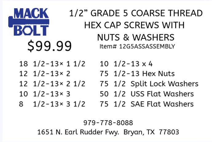 1/2" Grade 5 Coarse Thread Cap Screws with Nuts & Washers Kit