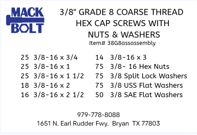 3/8" Grade 8 Coarse Thread Hex Cap Screws with Nuts & Washers Kit