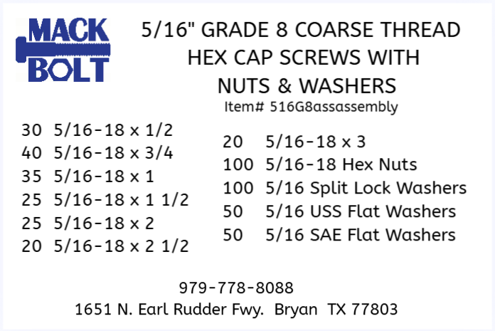 5/16" Grade 8 Coarse Thread Hex Cap Screws with Nuts & Washers Kit