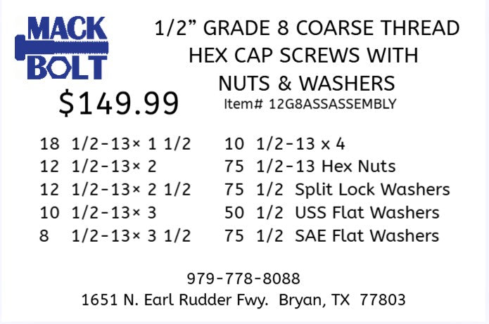 1/2" Grade 8 Coarse Thread Hex Cap Screws with Nuts & Washers Kit