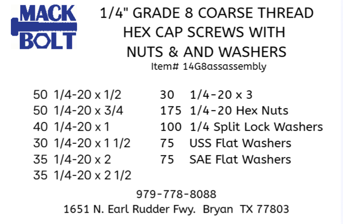 1/4" Grade 8 Coarse Thread Hex Cap Screws with Nuts & Washers Kit