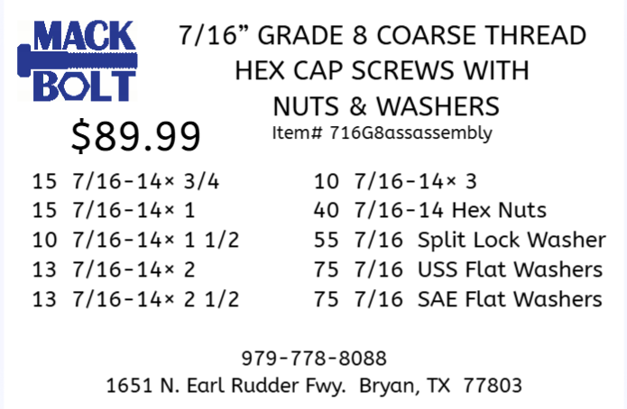 7/16" Grade 8 Coarse Thread Hex Cap Screws with Nuts & Washers Kit