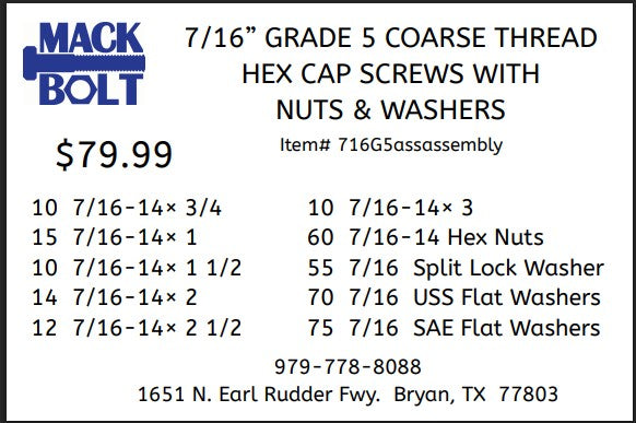 7/16" Grade 5 Coarse Thread Cap Screws with Nuts & Washers Kit